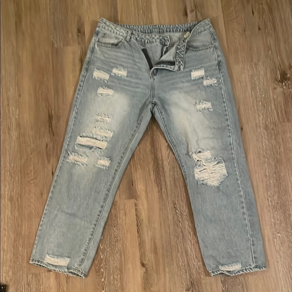 SHEIN Light Blue Distressed Boyfriend Jeans